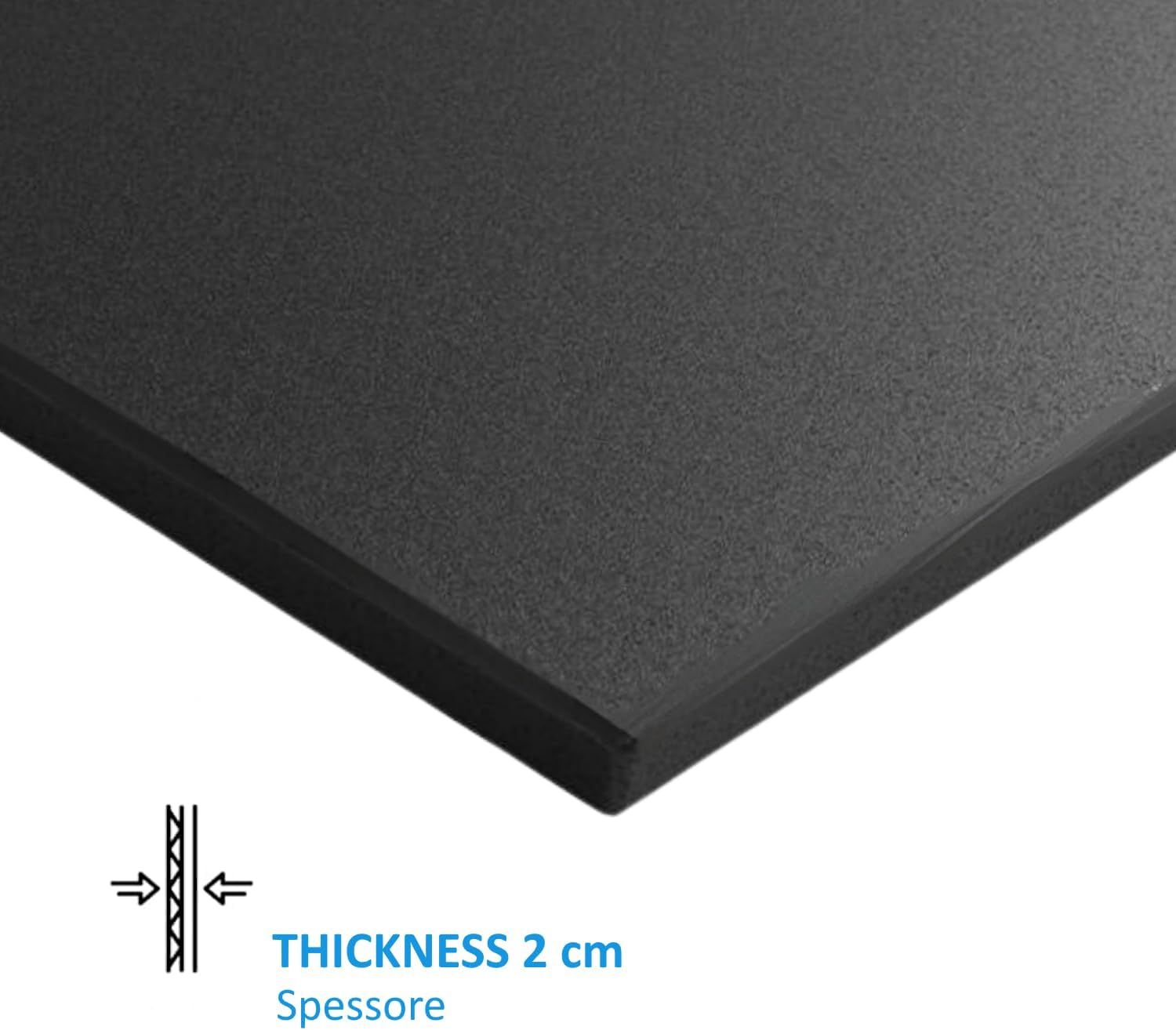 Primo piano di una piastra per pavimento in gomma nera. Spessore: 2 cm. Testo: 'THICKNESS 2 cm'.