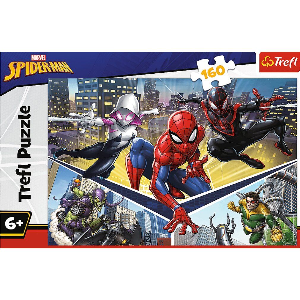 Scatola puzzle Spiderman. Contiene 160 pezzi. Marca: Trefl. Età: 6+. Personaggi: Spiderman, Spider-Gwen, Miles Morales.