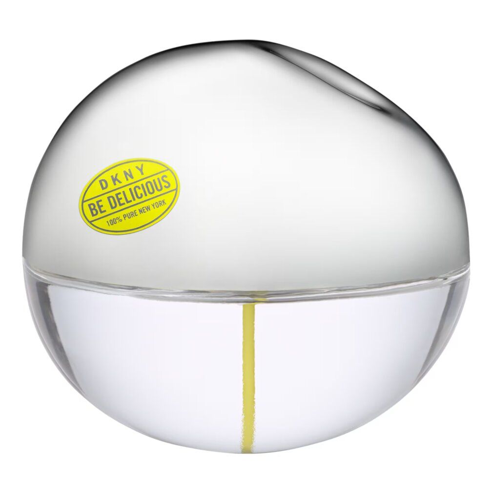 DKNY Be Delicious Eau de Toilette Spray. Flacone rotondo trasparente con logo giallo. Tappo argentato.