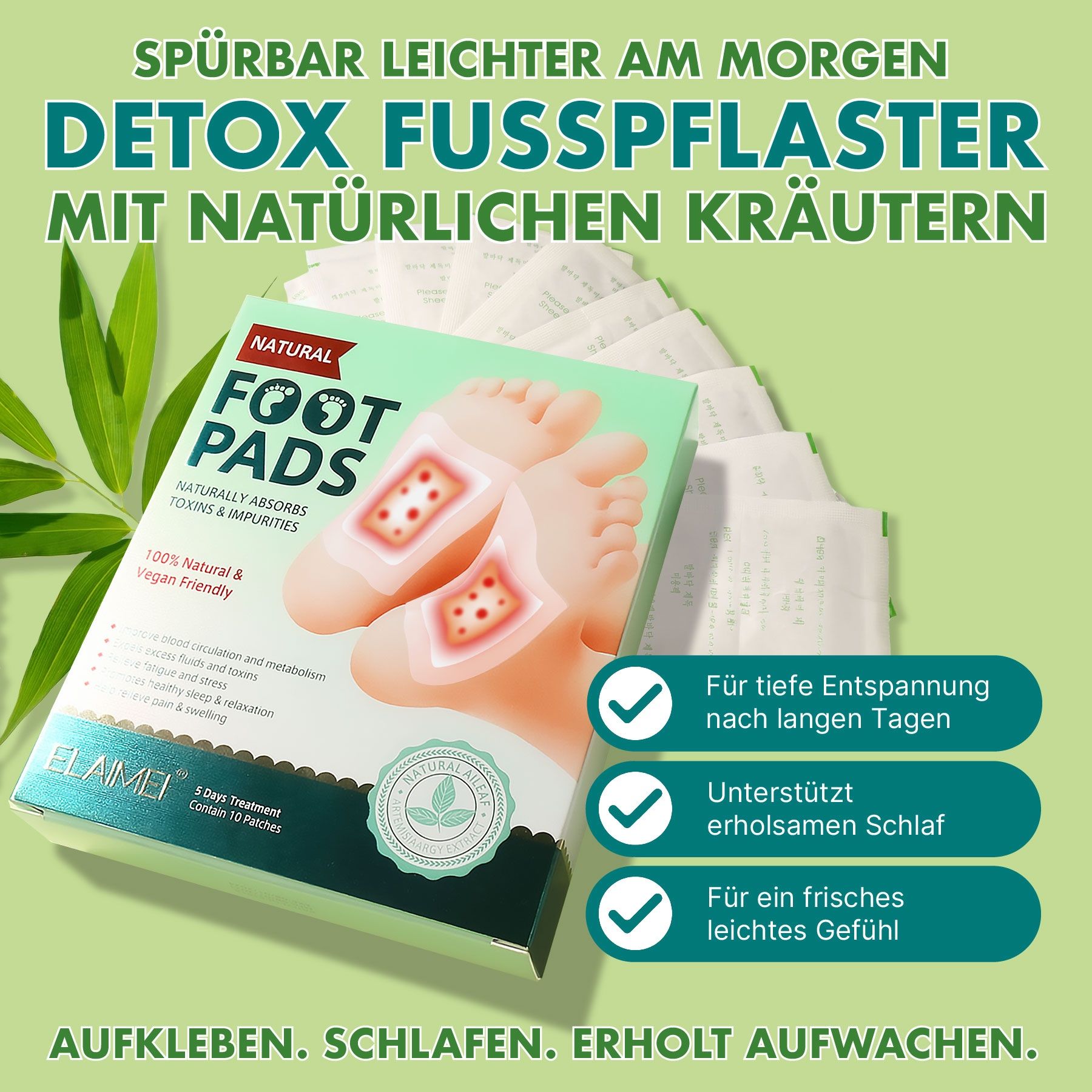 Confezione di 'Detox Foot Pads con erbe naturali' con illustrazione di piedi con cerotti.