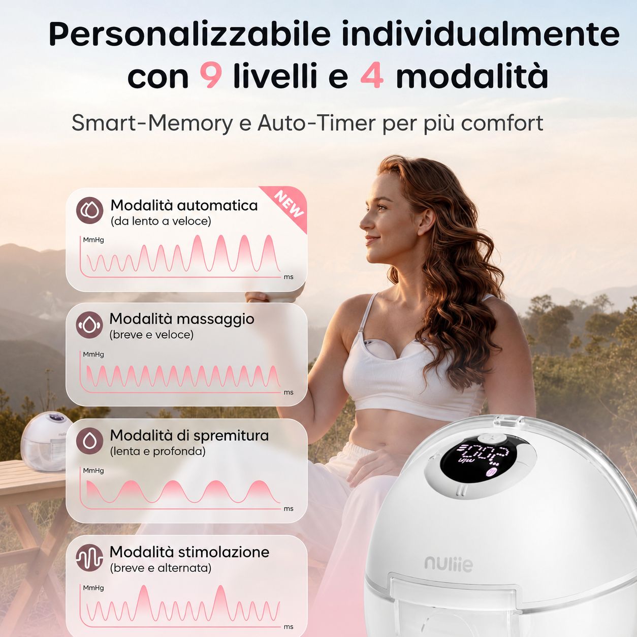 Donna con tiralatte portatile. 9 livelli, 4 modalità: automatica, massaggio, spremitura, stimolazione. Smart-Memory e Auto-Timer.