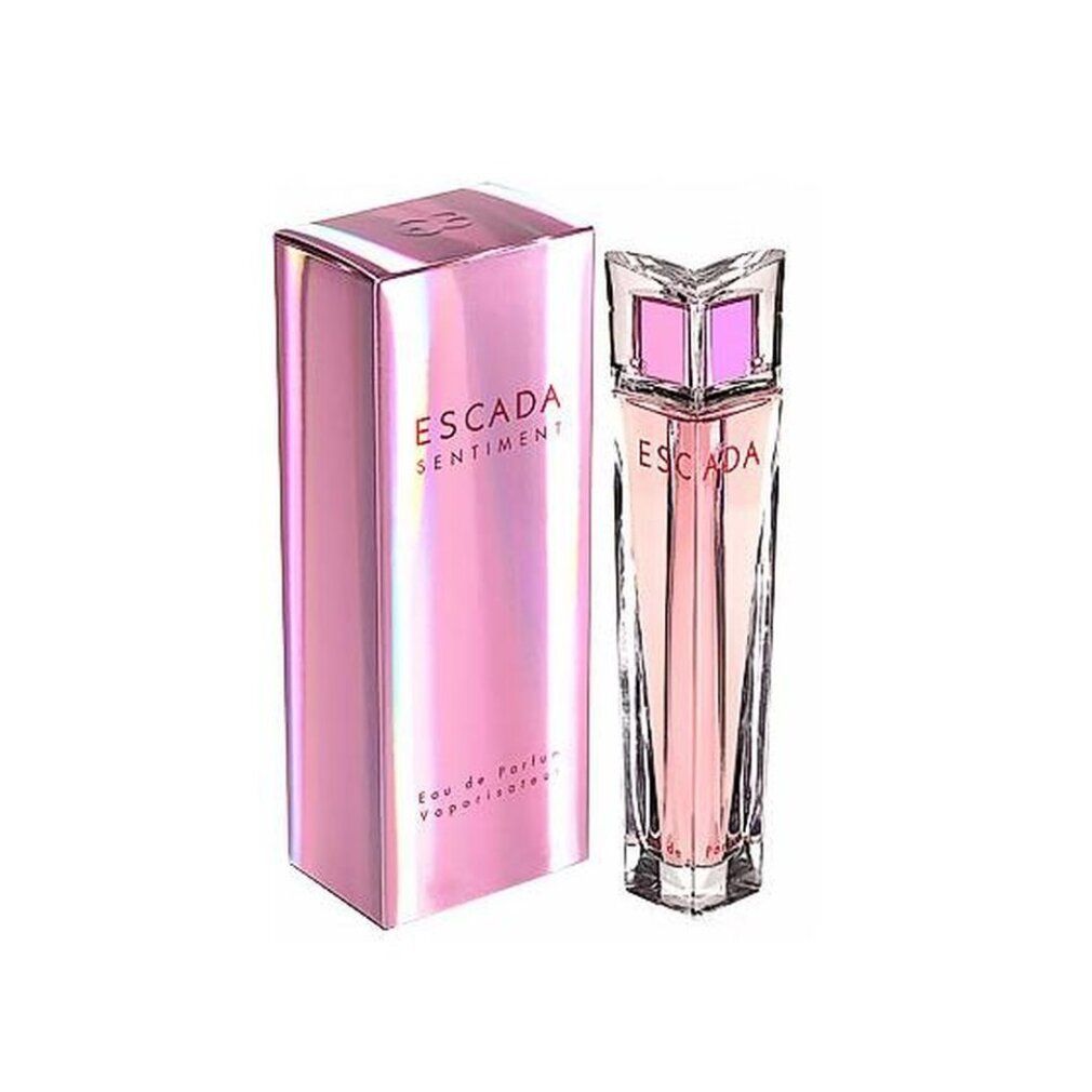 Flacone e confezione Escada Sentiment EdT. Liquido rosa nel flacone di vetro. Confezione rosa con testo.