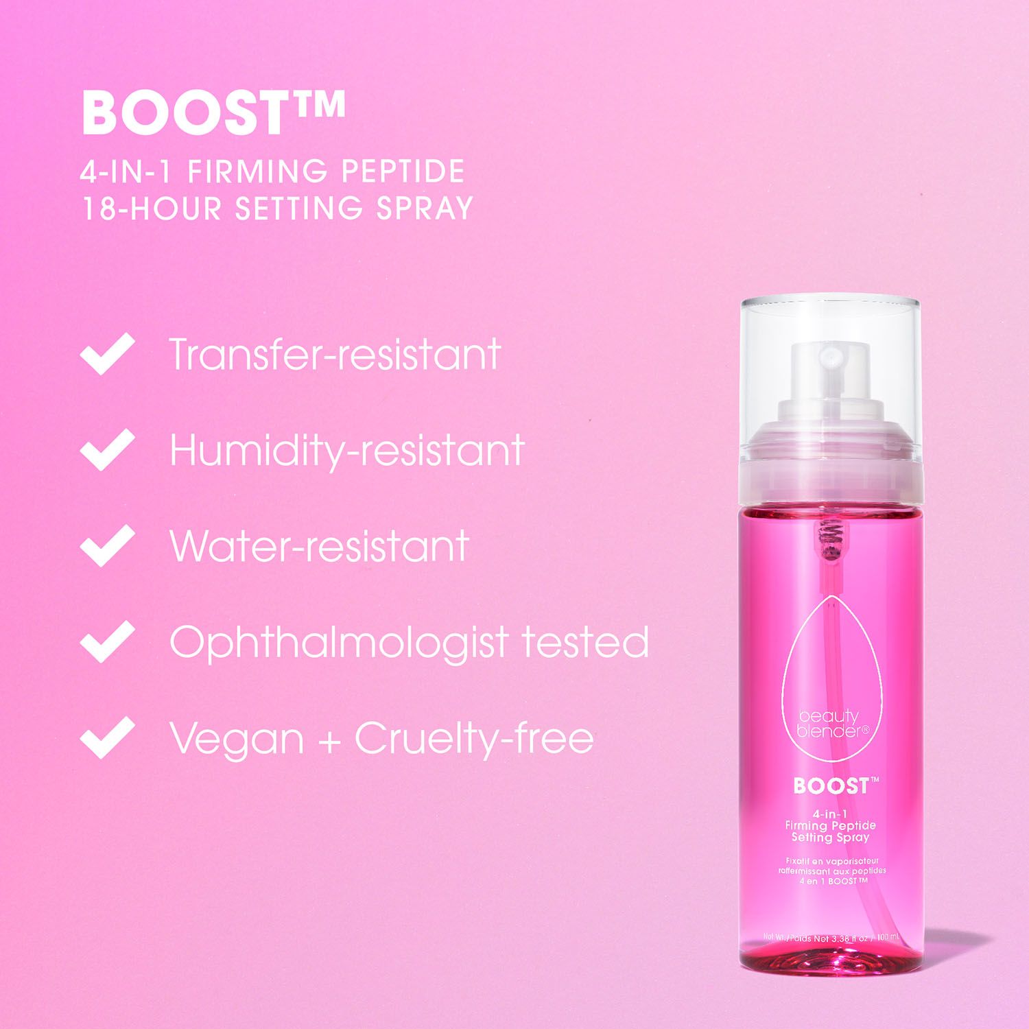 Flacone rosa con vaporizzatore. Testo: BOOST 4-IN-1 Firming Peptide Setting Spray. Caratteristiche: resistente al trasferimento, resistente all'acqua, vegano.