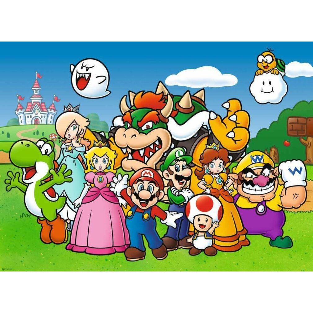 Puzzle Super Mario con personaggi. 100 pezzi XXL. Personaggi su sfondo verde, cielo e castello.