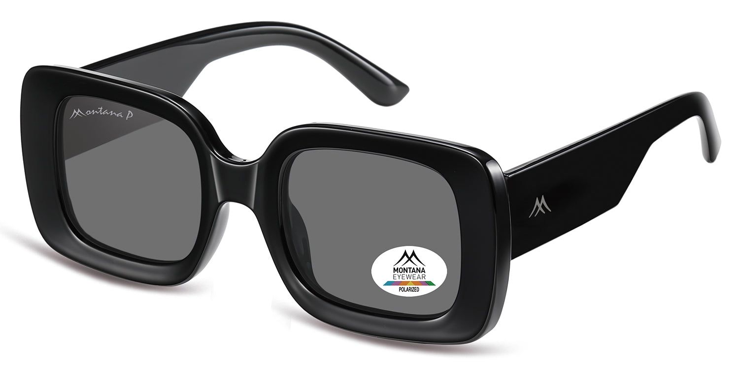 Occhiali da sole neri, lenti quadrate, logo Montana Eyewear sull'asta e sulla lente. Lenti polarizzate.