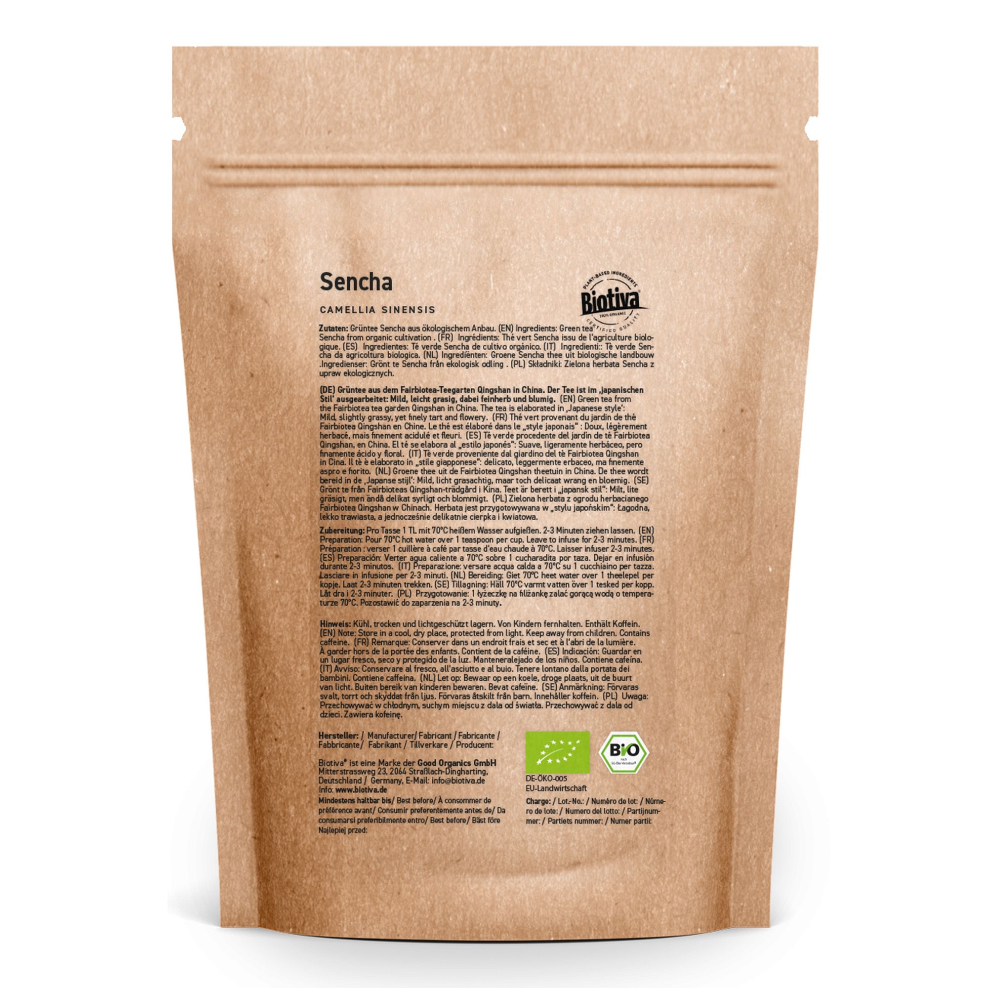 Sacchetto di carta marrone con tè Sencha. Retro con testo ed etichetta bio. Marchio Biotiva.