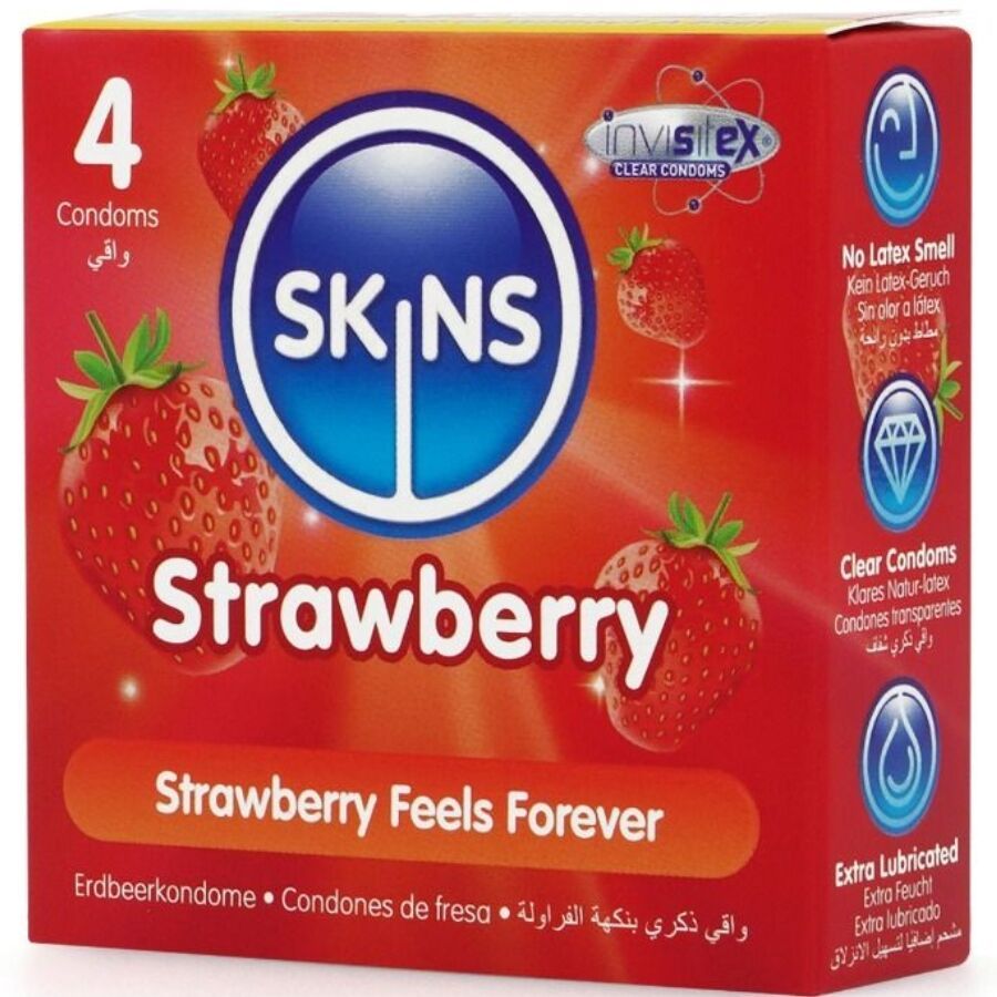 Confezione di 4 preservativi SKINS Strawberry. Illustrazioni di fragole. Scritto: Strawberry Feels Forever.