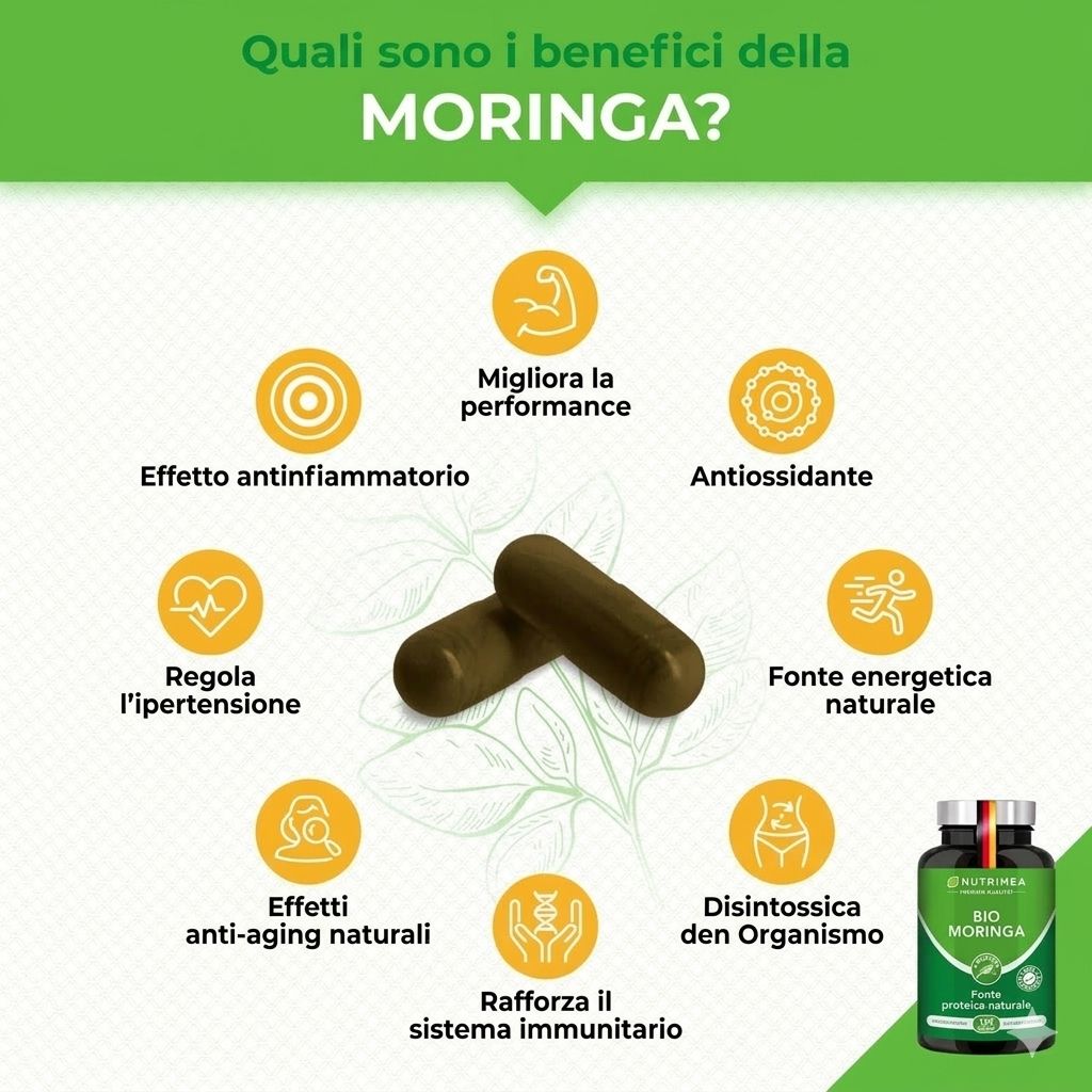 Due capsule marroni. Scritta: Moringa. Una bottiglia di capsule Nutrimea Bio Moringa.