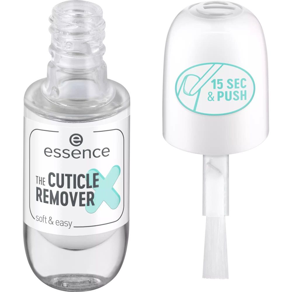 Esfoliante per cuticole con pennello e tappo. Scritta: Essence, The Cuticle Remover, soft & easy. Tappo: 15 SEC & PUSH.