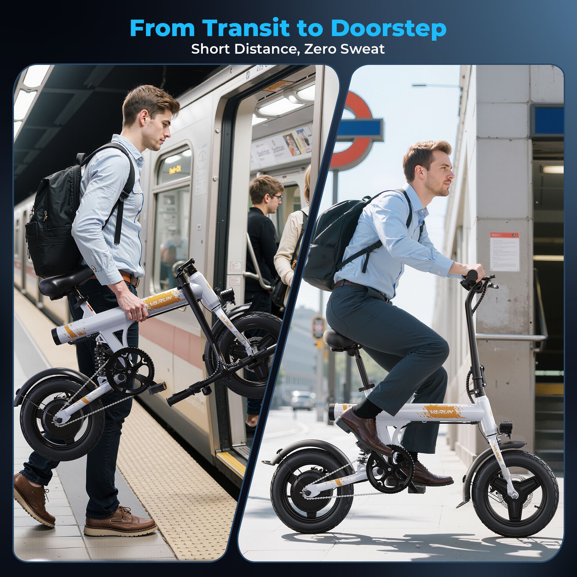 Persona che trasporta una e-bike piegata. Altra persona che guida la e-bike. Testo: From Transit to Doorstep.