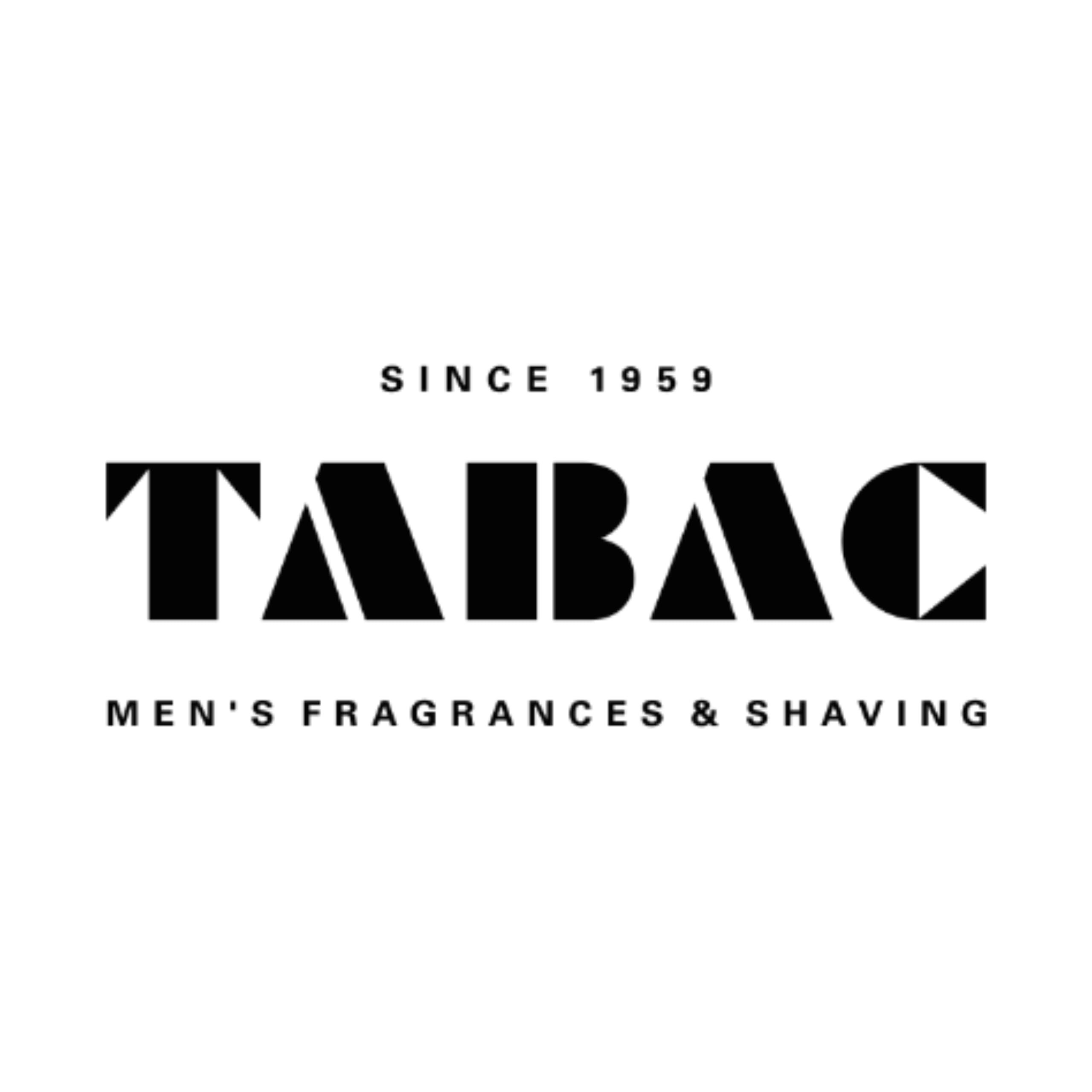 Logo Tabac. Testo nero su sfondo bianco. Testo: Tabac, Men's Fragrances & Shaving, Since 1959.