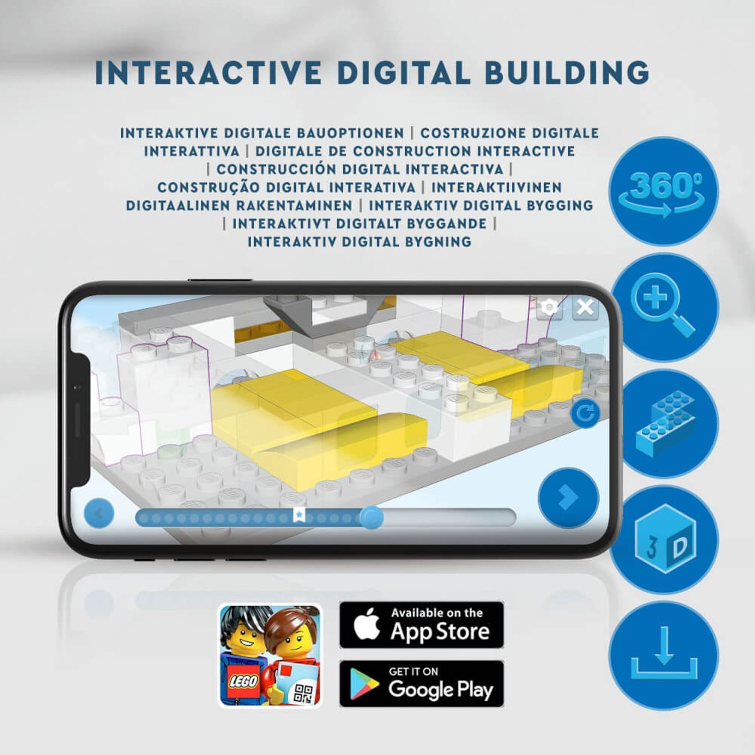 Smartphone con app LEGO. Anteprima dell'app con modello 3D e opzioni di download per iOS e Android.