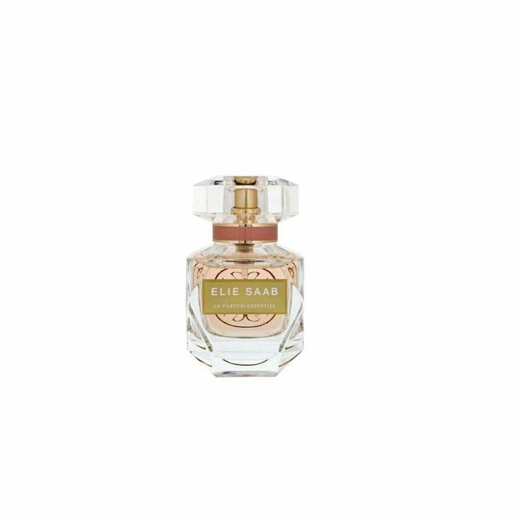 Piccolo flacone di profumo con liquido rosa. Scritta: Elie Saab Le Parfum Essentiel. Tappo trasparente.