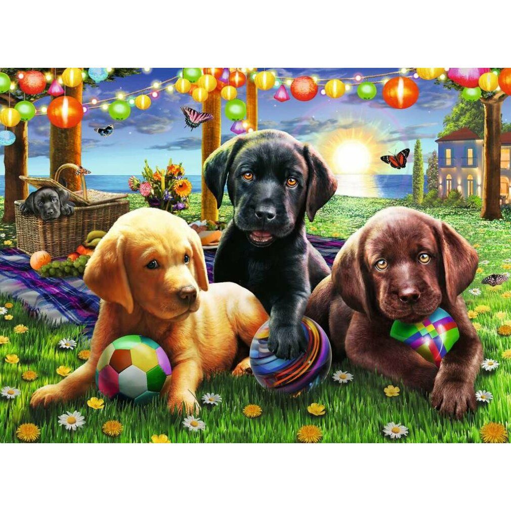 Puzzle con tre cuccioli di Labrador su un prato. Palloni colorati, cestino da picnic, farfalle e ghirlande.