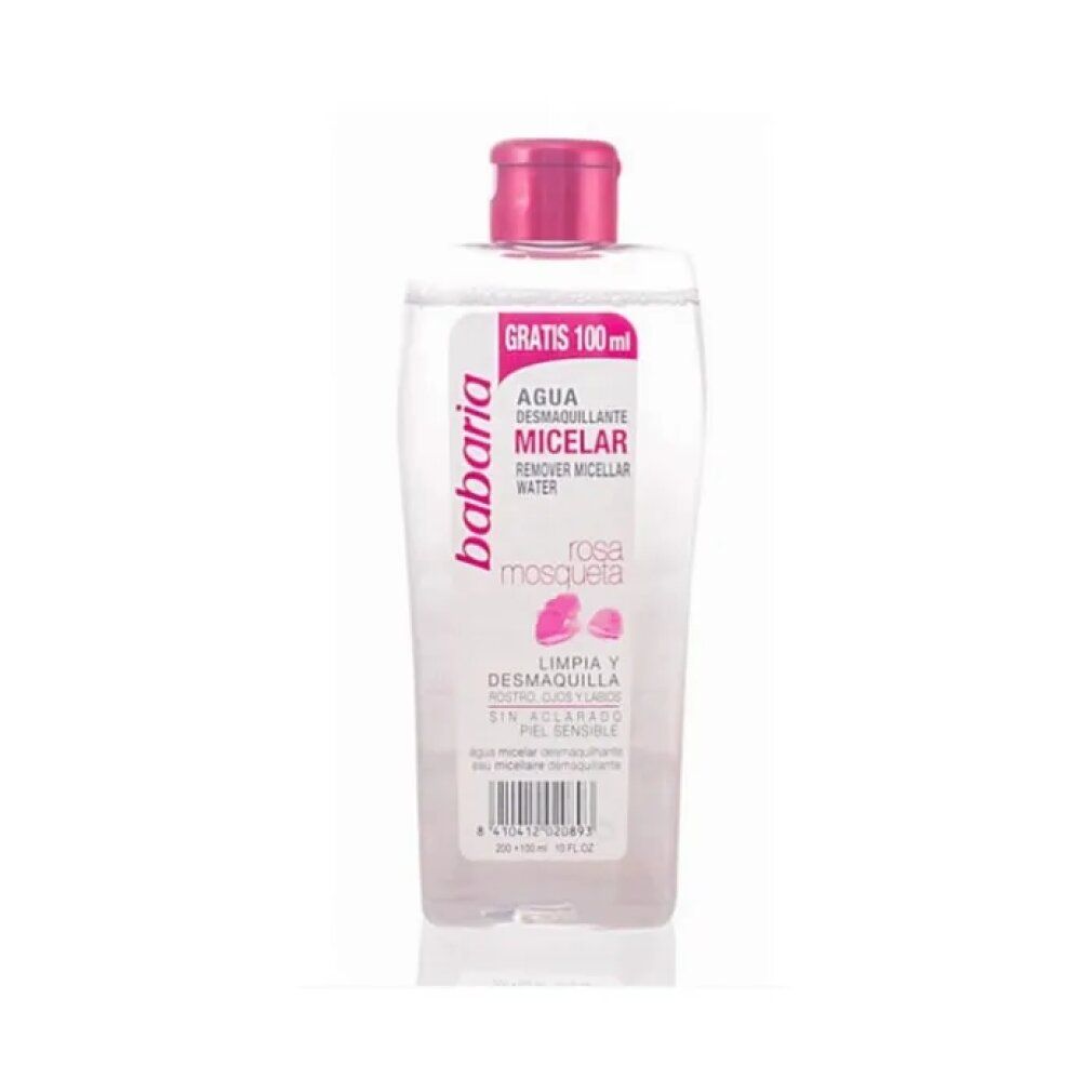 Flacone trasparente con tappo rosa. Scritta: Babaria, Agua Desmaquillante Micelar, Rosa Mosqueta. Gratis 100 ml.
