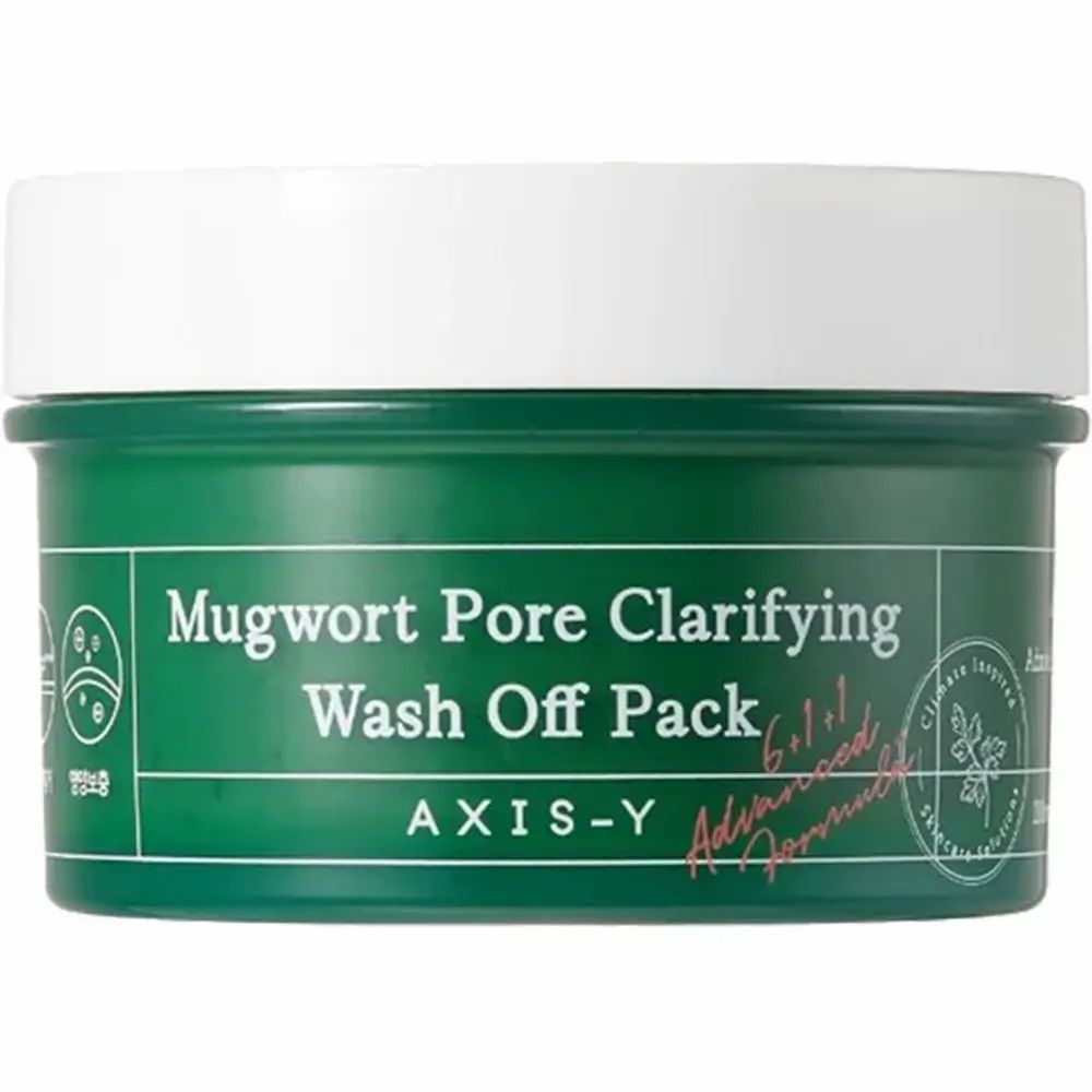 Vasetto verde di maschera per il viso. Scritta: Mugwort Pore Clarifying Wash Off Pack. Marchio: AXIS-Y.