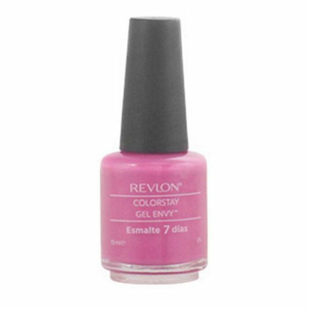 Flacone di smalto rosa. Tappo grigio. Scritta: Revlon Colorstay Gel Envy. Esmalte 7 dias.