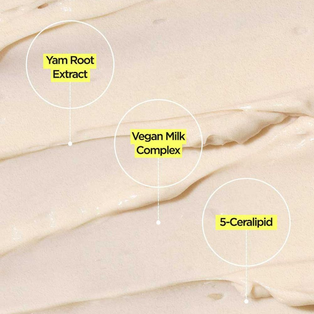 Primo piano della crema, evidenziando gli ingredienti: Estratto di radice di igname, Vegan Milk Complex, 5-Ceralipid.