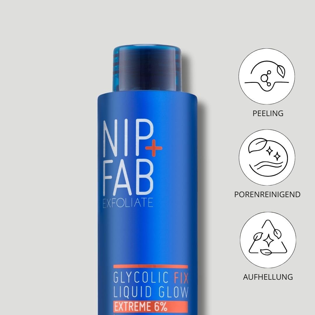 Bottiglia blu con "Nip + Fab Exfoliate Glycolic Fix Liquid Glow Extreme 6%". Tre simboli: Peeling, Pulizia dei pori, Illuminante.