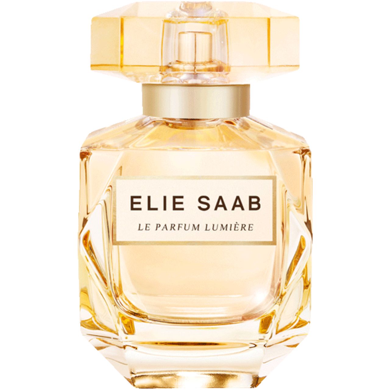 Flacone di profumo Elie Saab Le Parfum Lumière, contenuto dorato, tappo sfaccettato.
