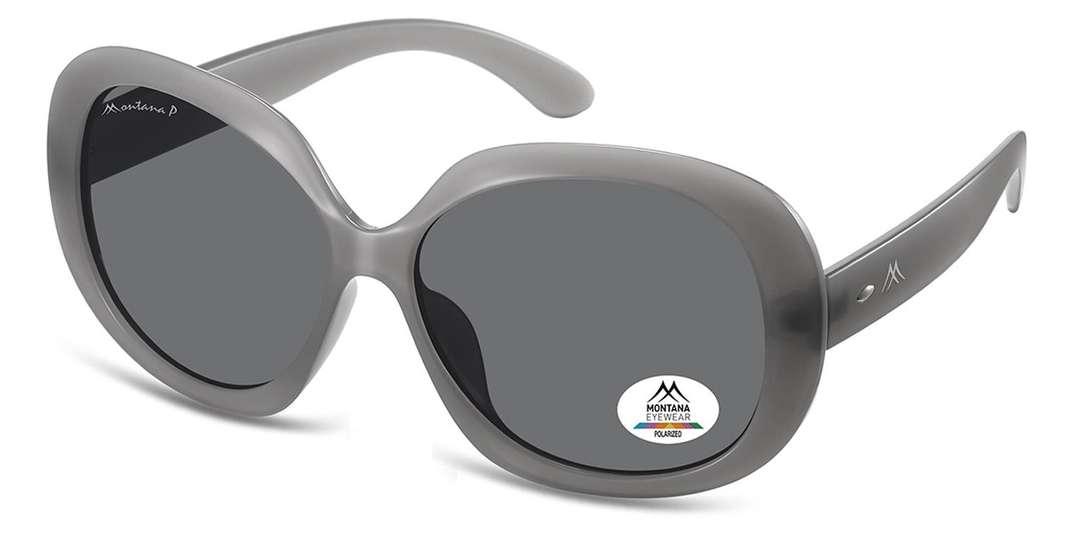 Occhiali da sole grigi, vista angolata. Lenti scure, logo Montana Eyewear ed etichetta di polarizzazione. Forma rotonda.