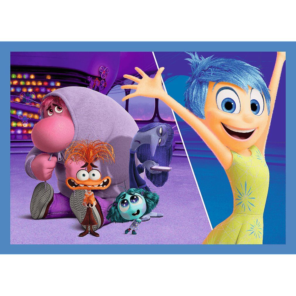 Puzzle con personaggi di Inside Out. Personaggi: Gioia e altri personaggi. Sfondo: scene del film. Pezzi di puzzle visibili.