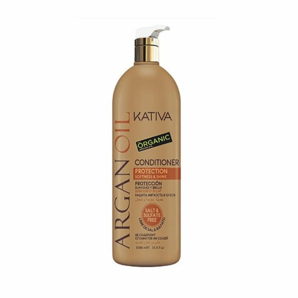 Flacone marrone con dosatore. Scritte: Kativa Argan Oil, Organic Conditioner, Protection, Senza sale e solfati.