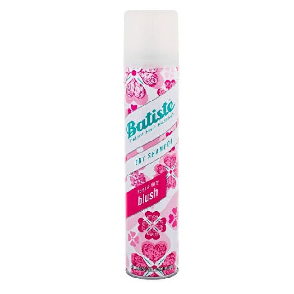Bomboletta spray rosa con tappo bianco. Scritta: Batiste, shampoo secco, Blush. Motivo floreale.