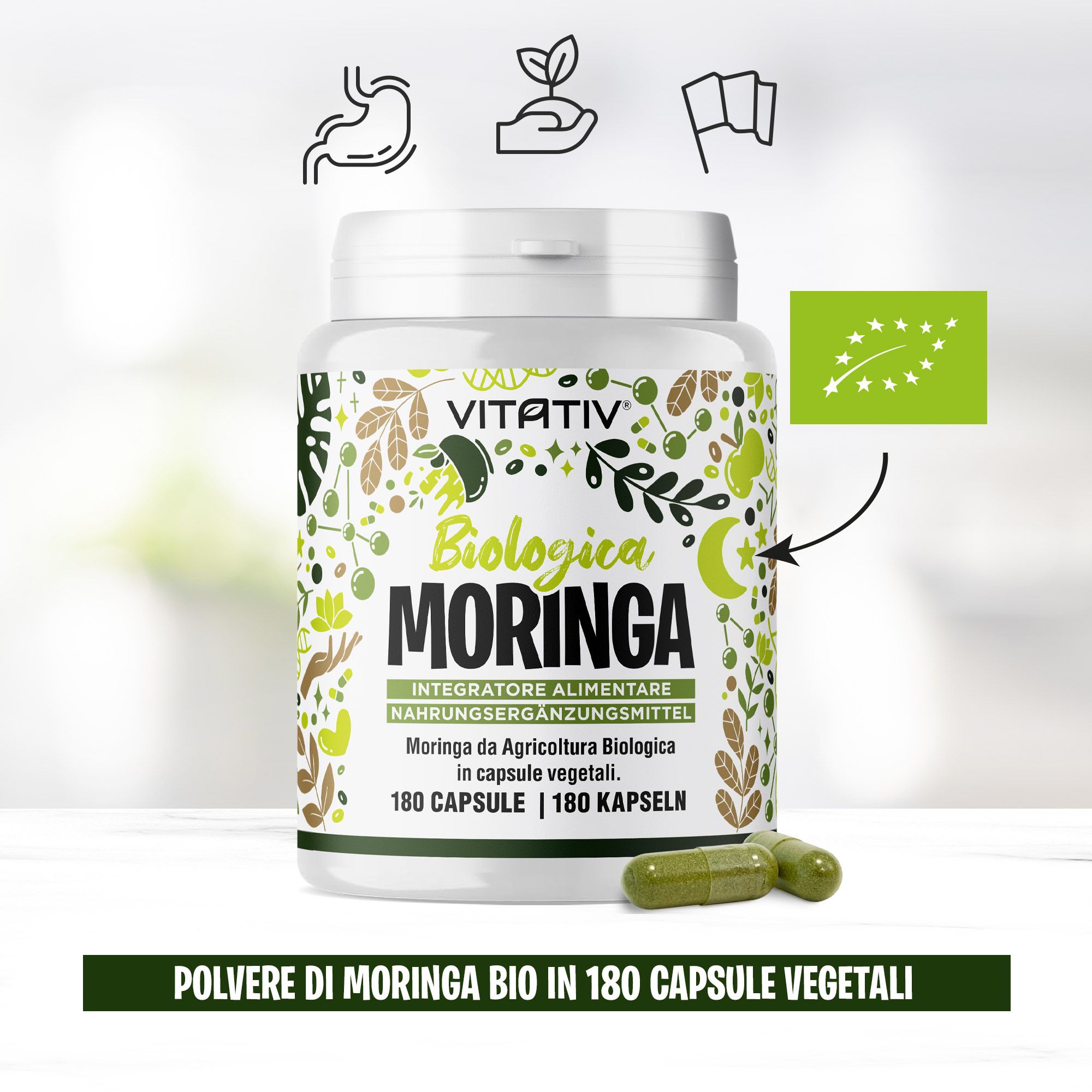 Vitativ Biologica Moringa: 180 capsule vegetali in contenitore bianco con sigillo biologico.