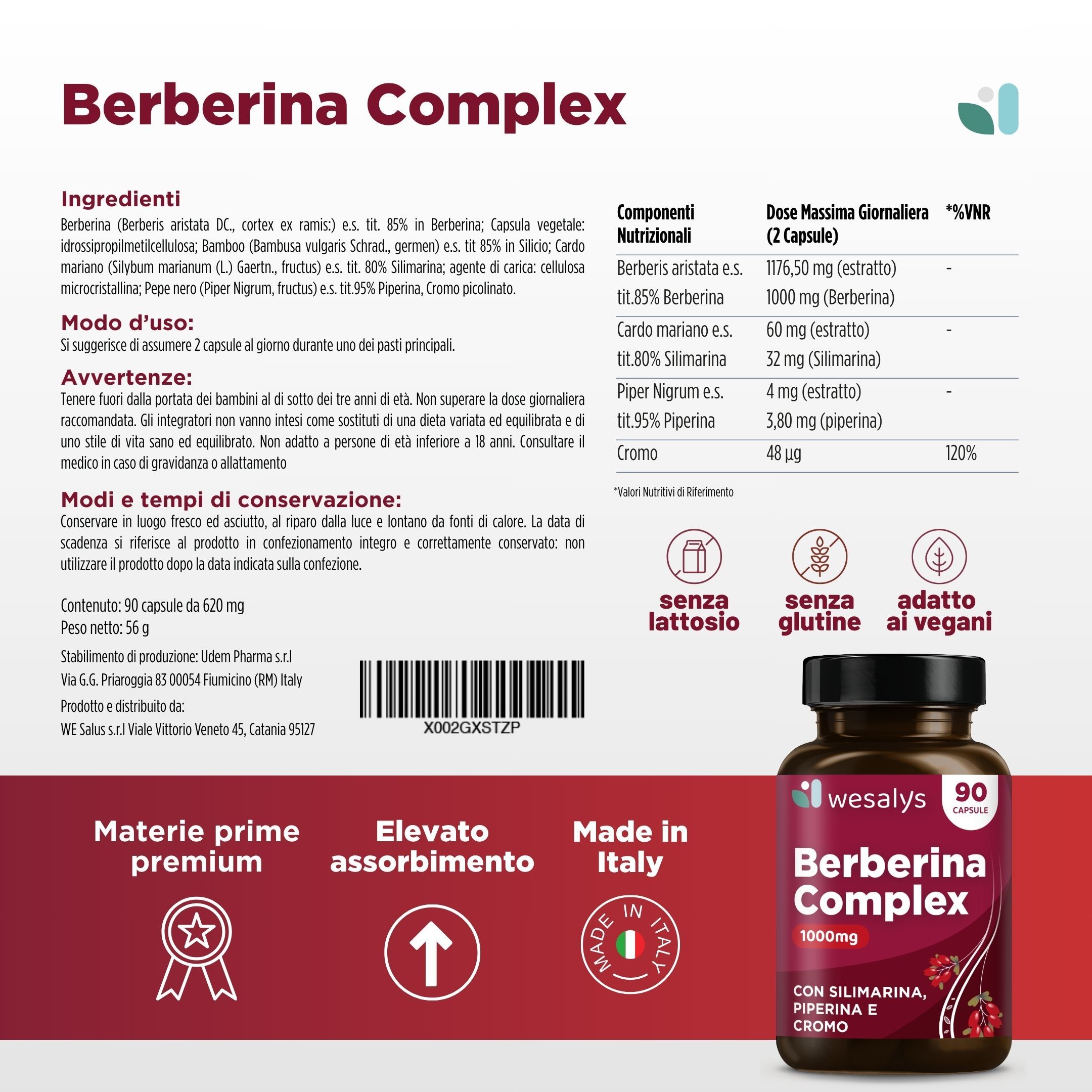 Flacone Berberina Complex. Scritta: Berberina Complex, 1000mg. Con Silimarina, Piperina e Cromo. Ingredienti e informazioni nutrizionali.