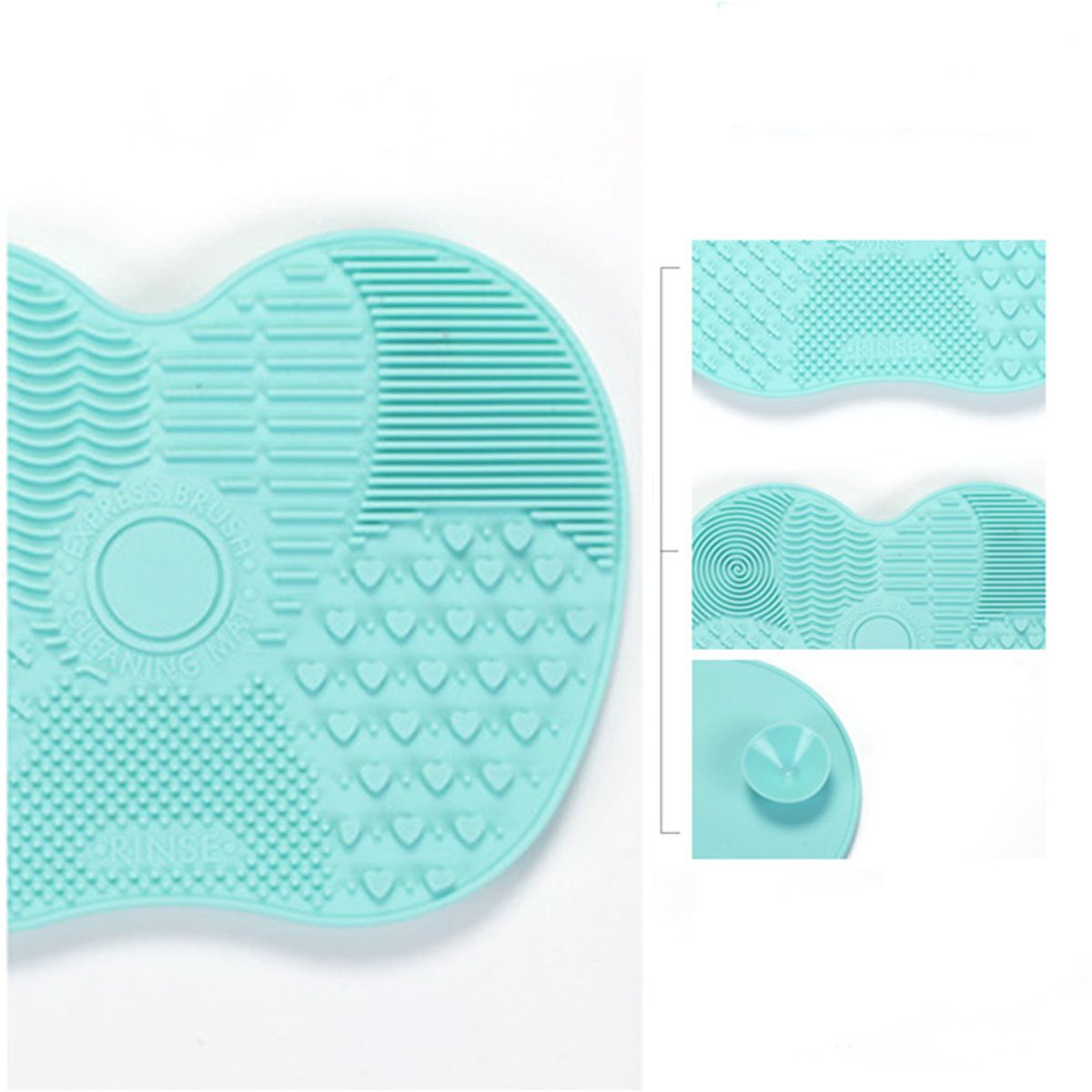Tappetino in silicone turchese per la pulizia dei pennelli da trucco con diverse texture e una ventosa.