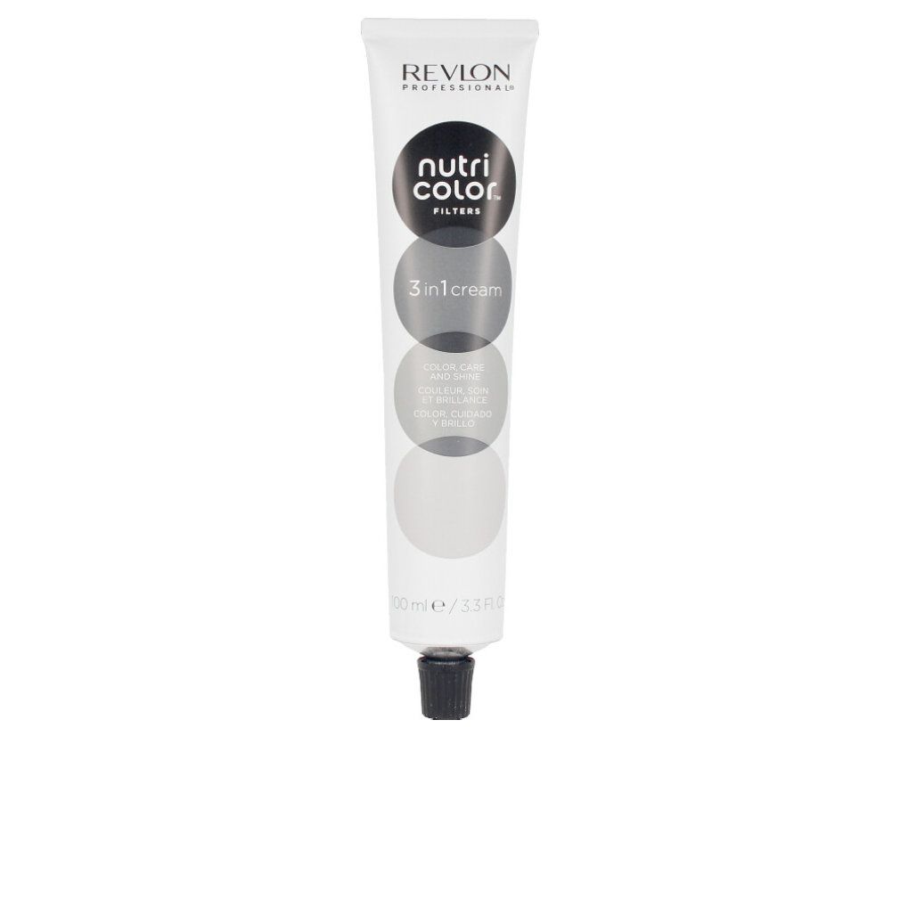 Tubo bianco con tappo nero. Scritta: Revlon Nutri Color Filters. 100ml.