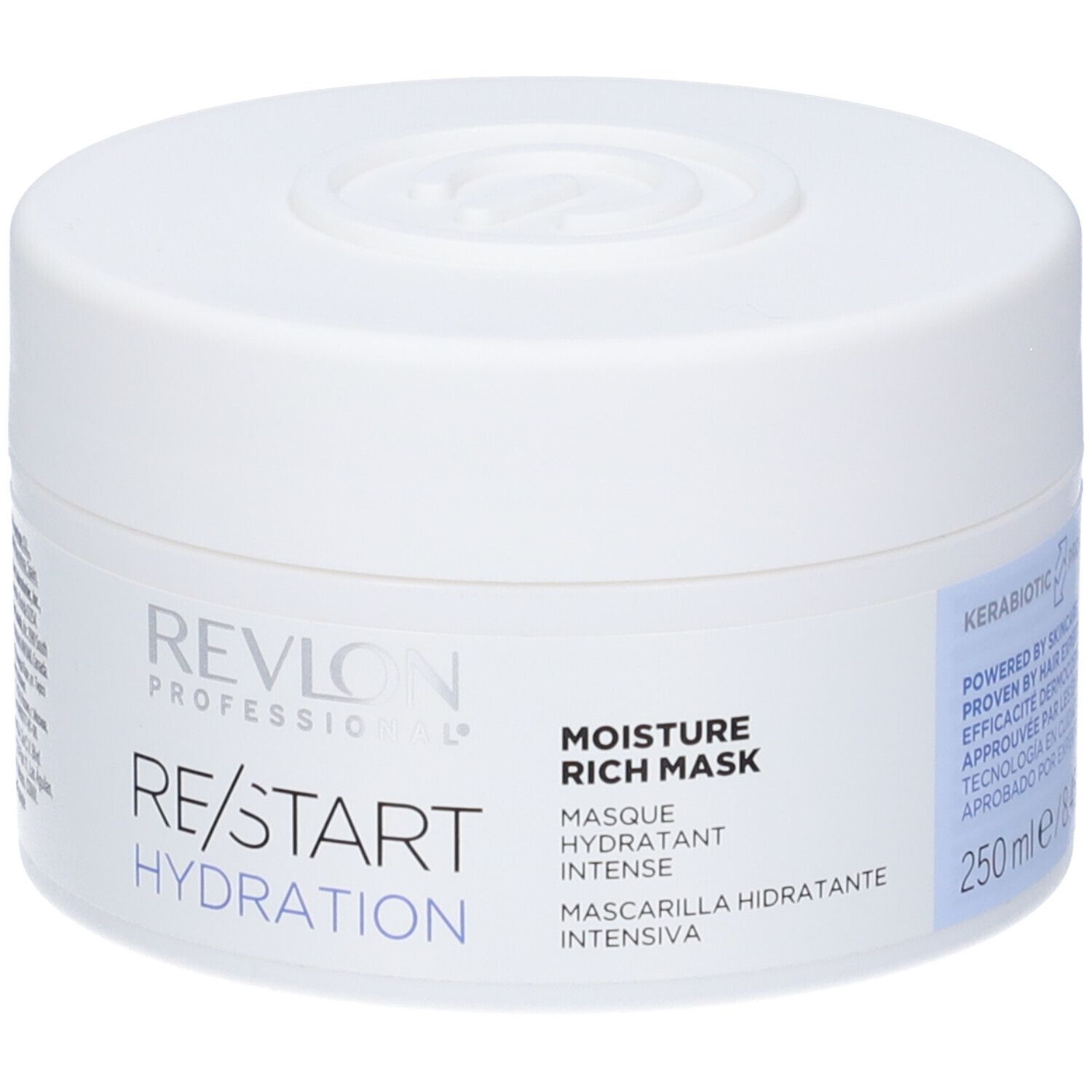 Vasetto bianco con coperchio. Scritta: RE/START HYDRATION, MOISTURE RICH MASK. 250 ml.