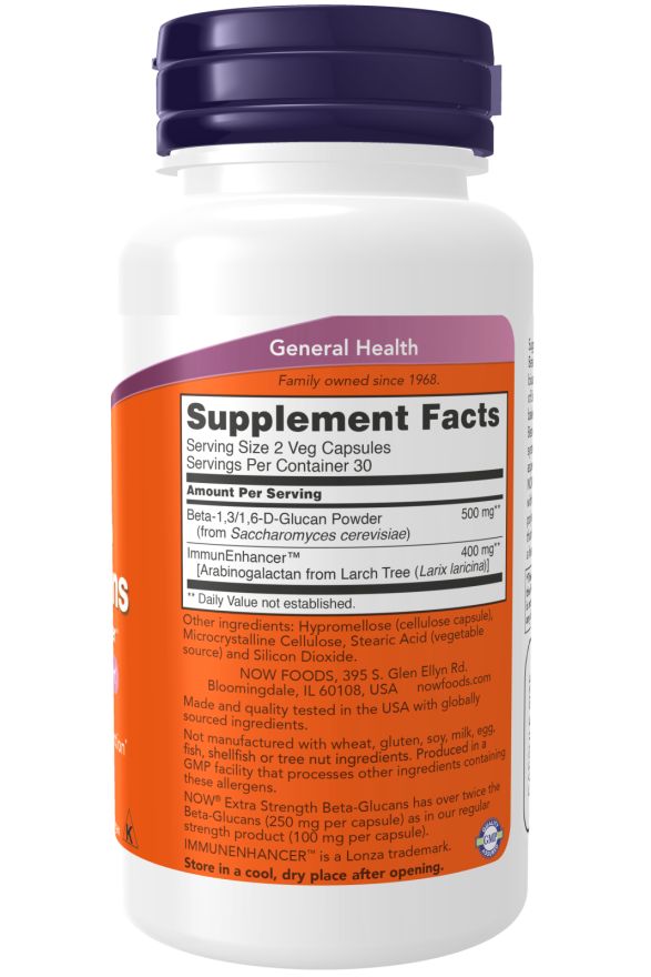 Retro del flacone. Etichetta arancione con testo: Supplement Facts, ingredienti, logo NOW FOODS, informazioni.