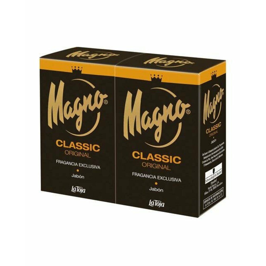 Due confezioni di sapone affiancate. Confezione nera con logo e testo dorati. Scritta: Magno Classic Original.