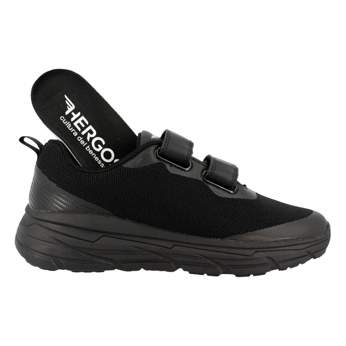 Sneaker Hergos nera con chiusure a strappo. Soletta rimovibile. Tessuto leggero, suola flessibile.