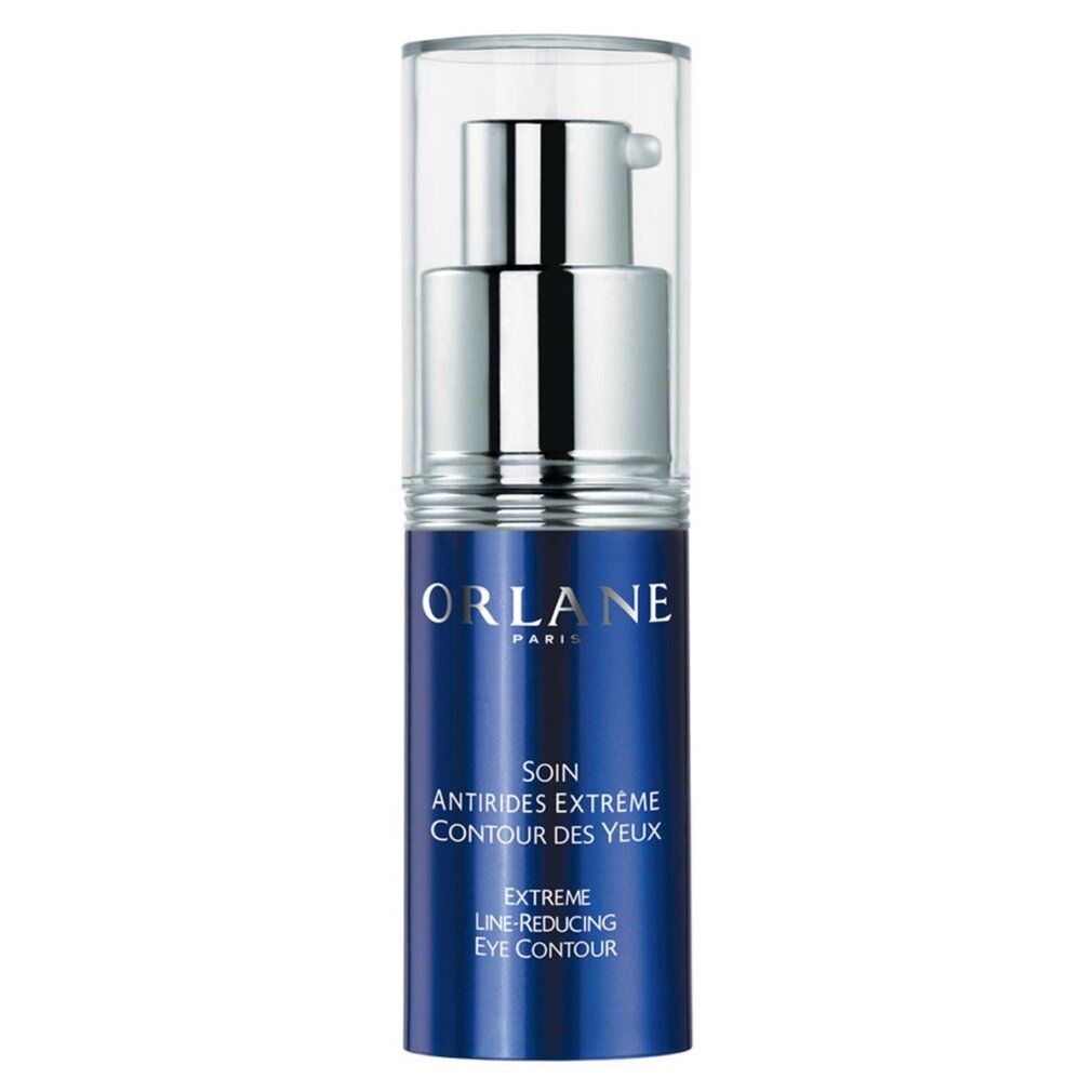 Flacone blu con applicatore argentato. Scritta: ORLANE PARIS, Extreme Line Reducing Care Eye Contour.