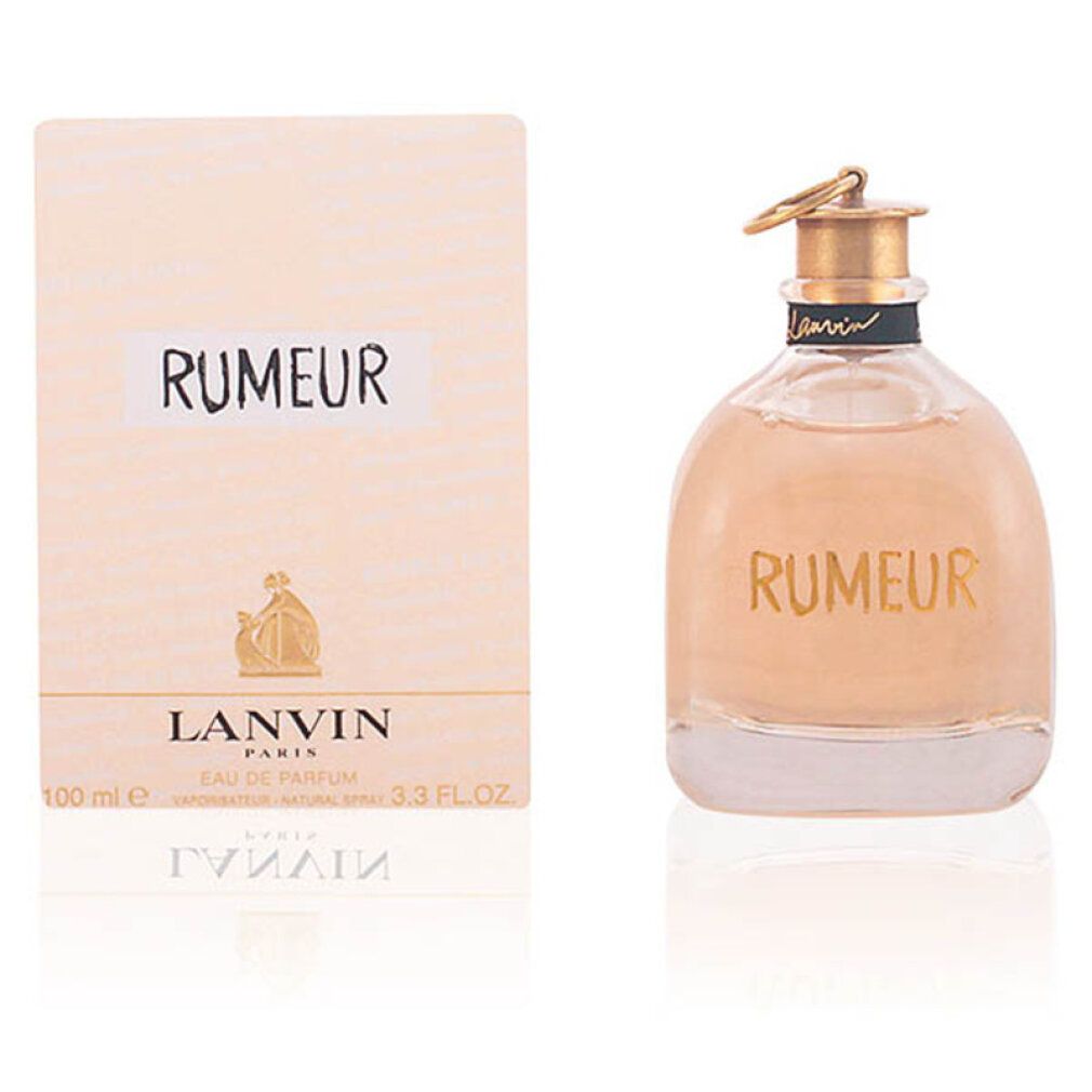 Flacone di profumo e scatola. Flacone con tappo dorato e scritta RUMEUR. Scatola con scritta RUMEUR e LANVIN.