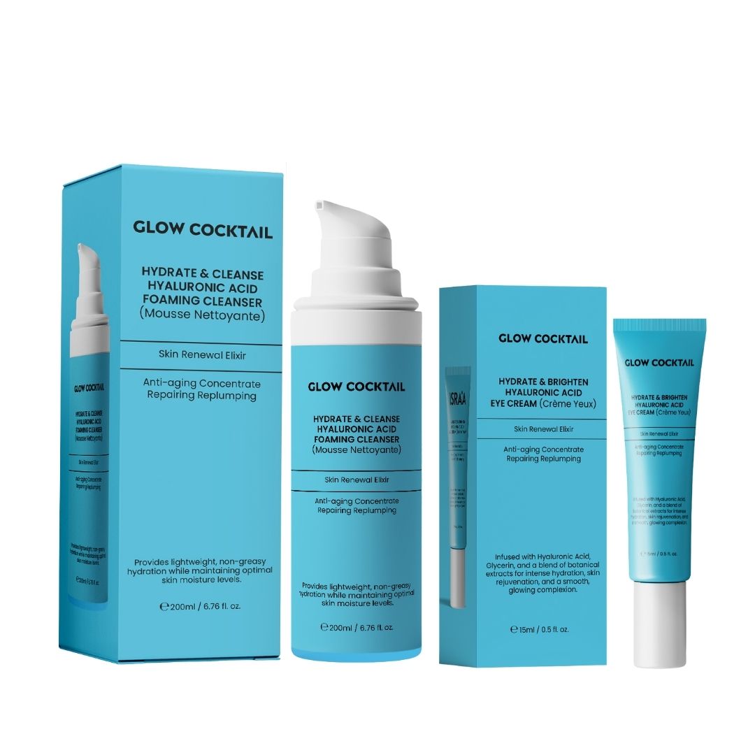 Prodotti Glow Cocktail: detergente e crema occhi, con confezioni. Detergente in flacone, crema in tubo. Testo in inglese e francese.
