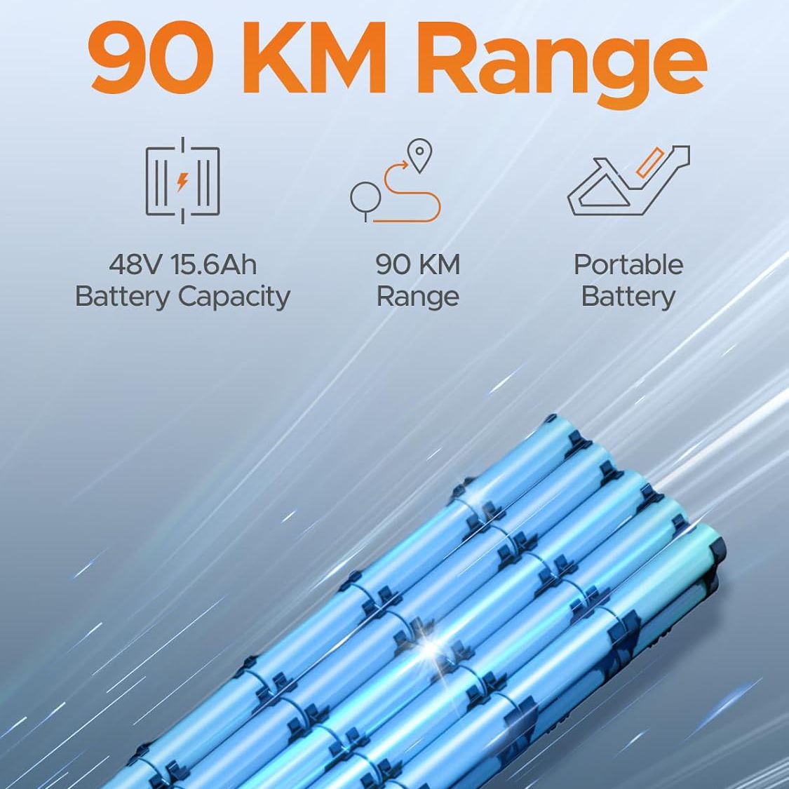 Display batteria con testo: 48V 15.6Ah capacità, 90 KM autonomia, batteria portatile. Batterie blu.