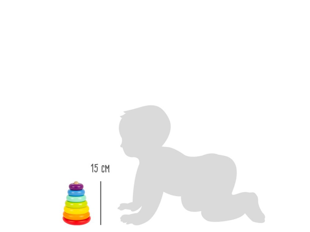 Torre impilabile con 6 anelli, alta 15 cm, accanto a una sagoma di bambino. Colori: rosso, arancione, giallo, verde, turchese, viola.