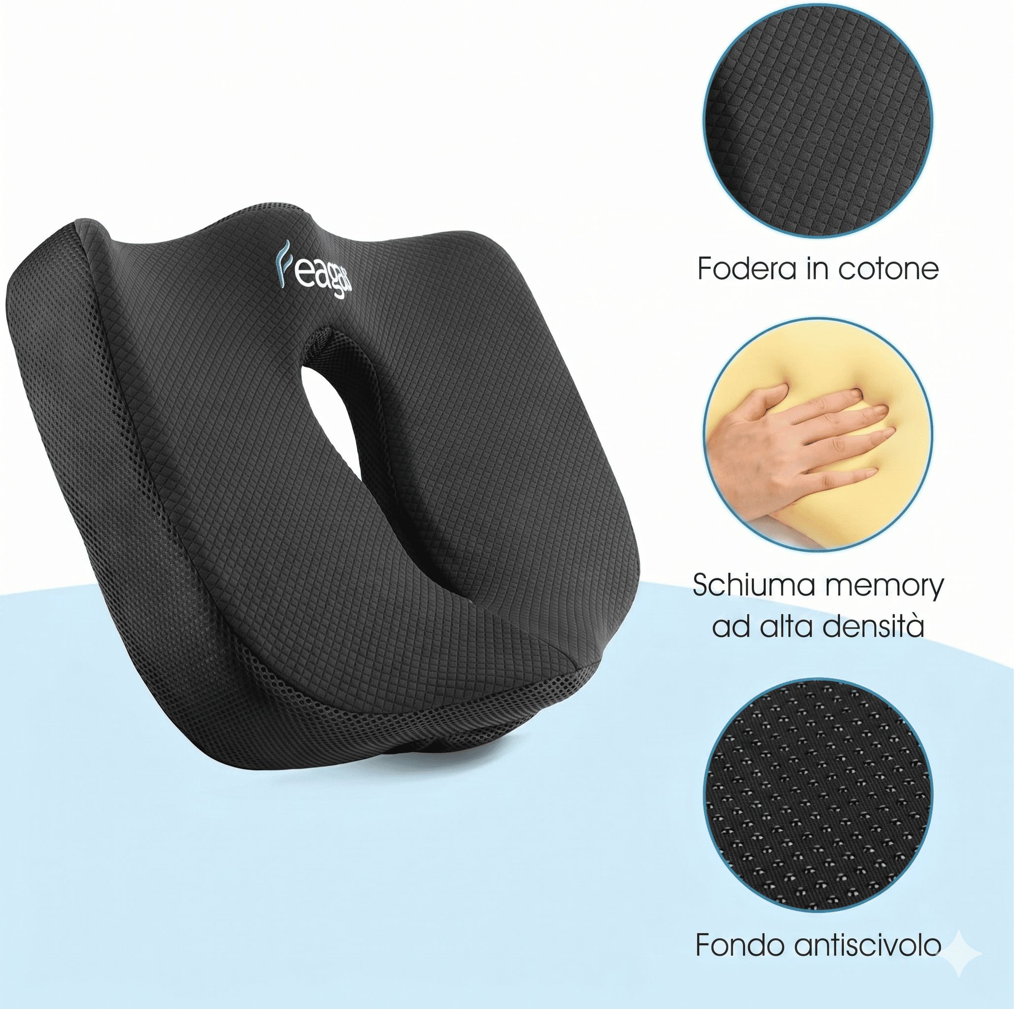 Cuscino ergonomico nero in tessuto con foro a U. Mostra fodera in cotone, schiuma memory e fondo antiscivolo.