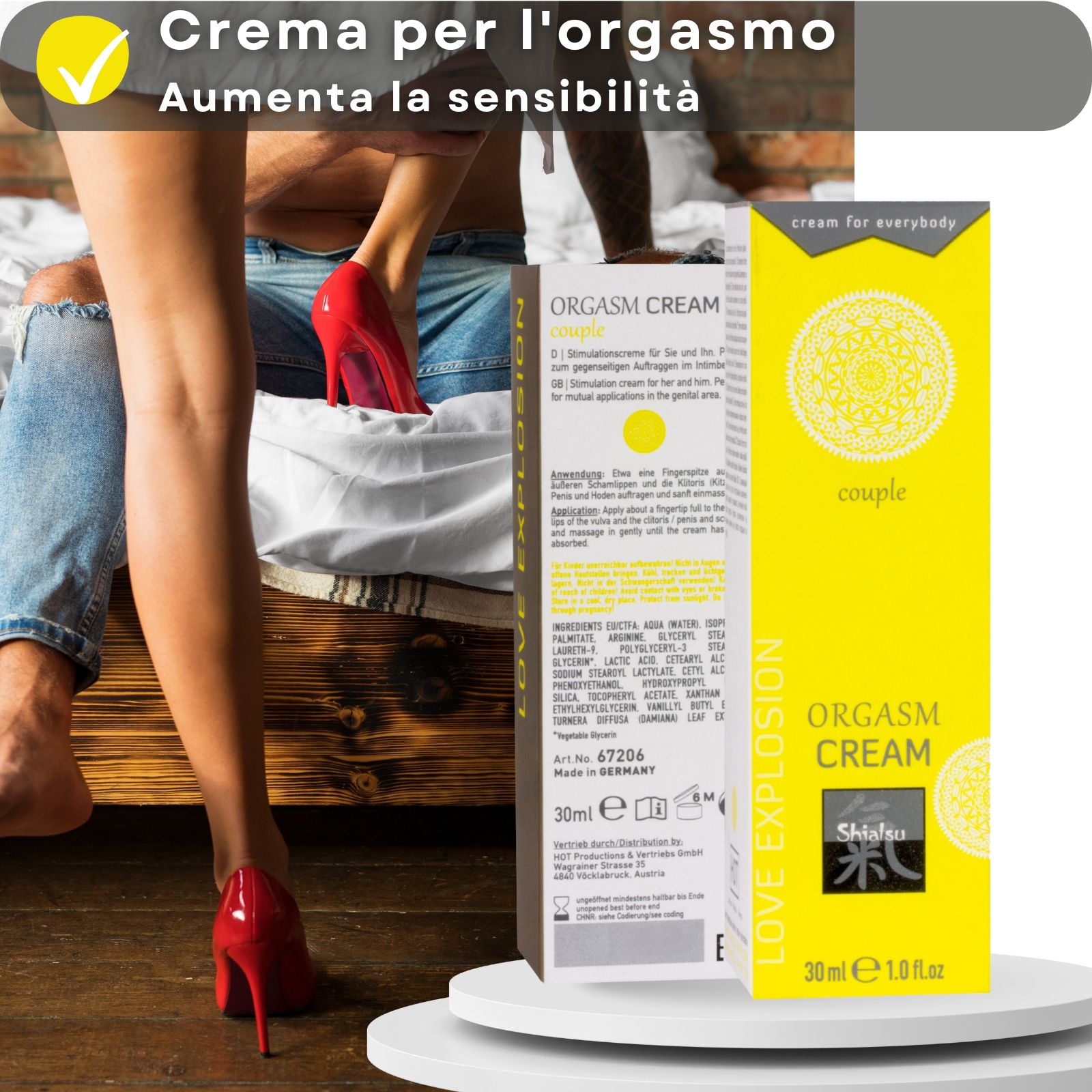 Scatola e tubo gialli. Scritto: ORGASM CREAM, Shiatsu, 30 ml. Coppia e scarpe rosse.