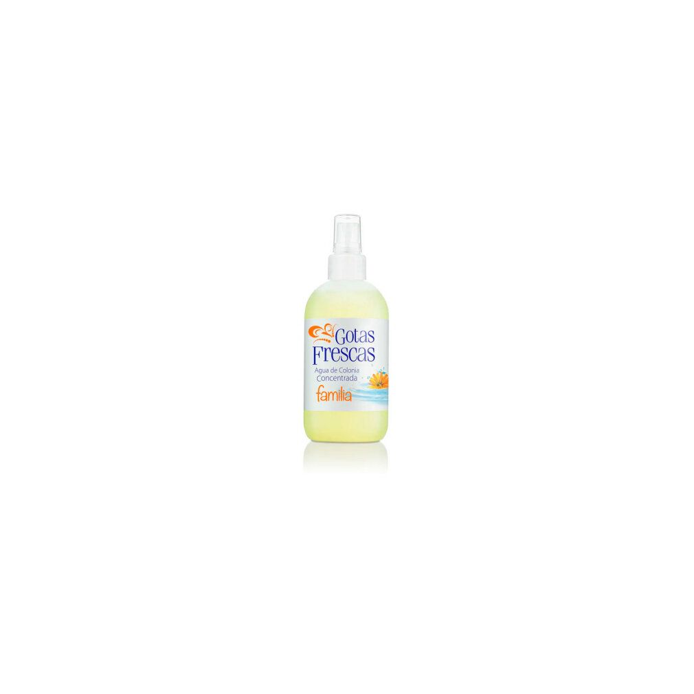 Flacone di colonia gialla con vaporizzatore. Scritta: Gotas Frescas, Agua de Colonia Concentrada, familia.