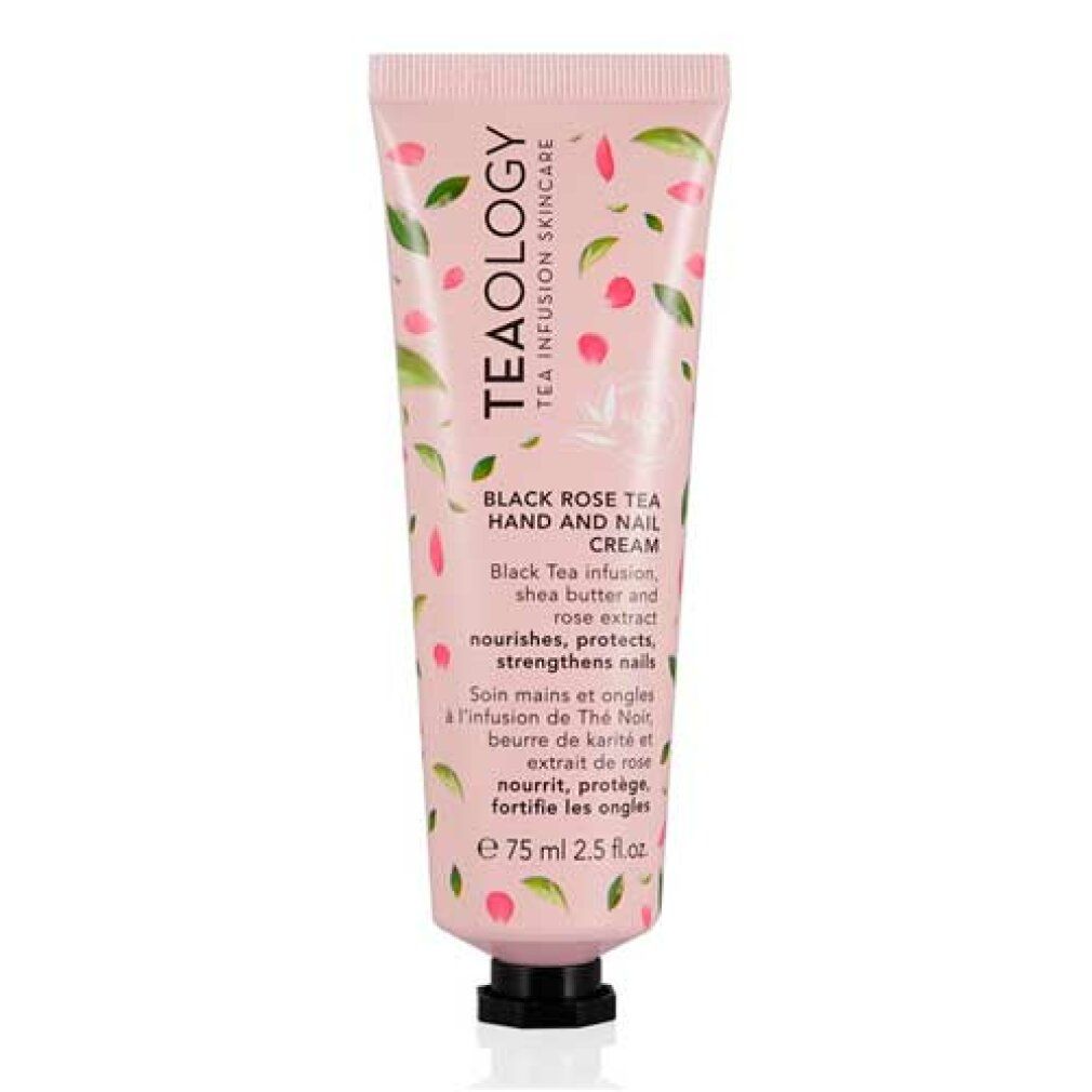 Tubo rosa con motivo floreale. Testo: Teaology, Black Rose Tea Hand and Nail Cream. Chiusura nera.