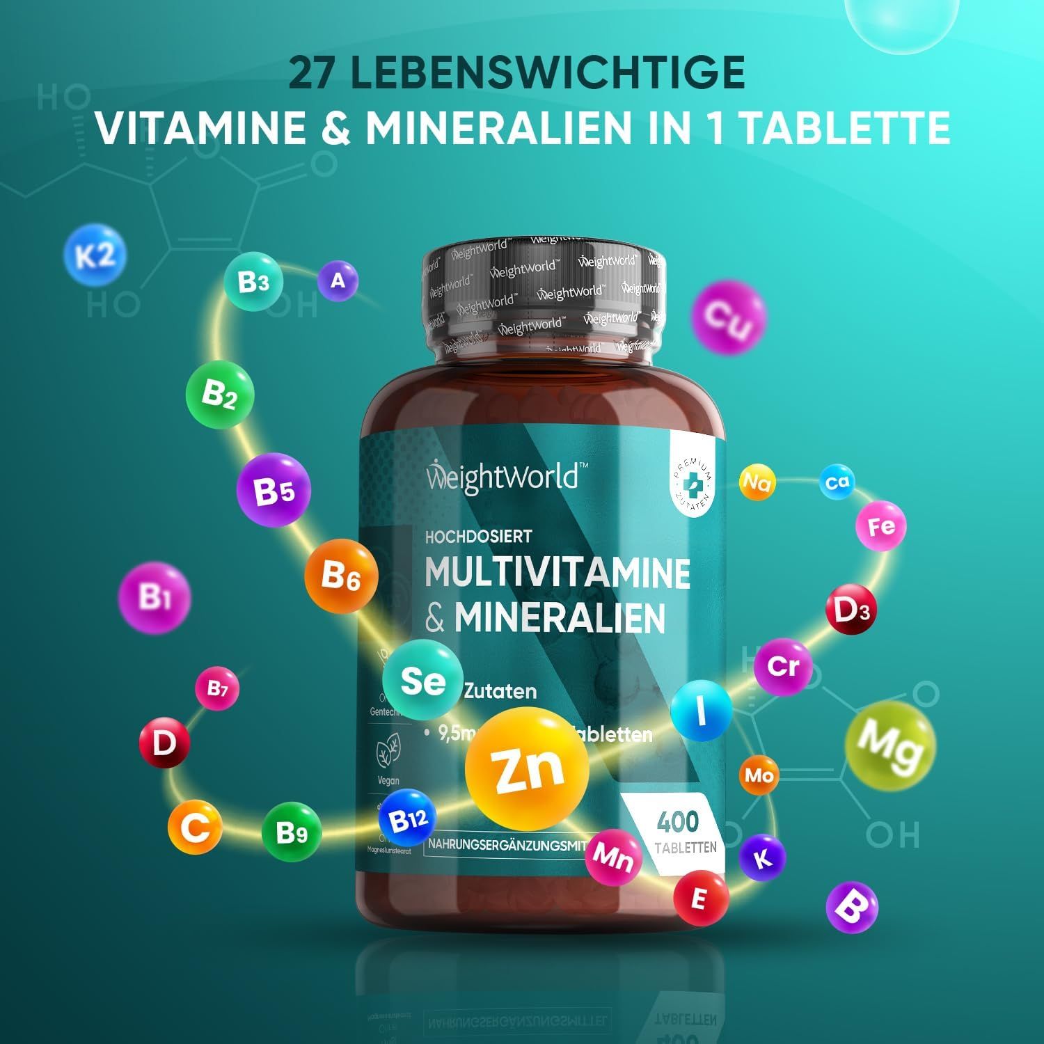 Flacone marrone WeightWorld Multivitamine & Minerali. 27 ingredienti. 400 compresse. Vitamine e minerali in cerchio.