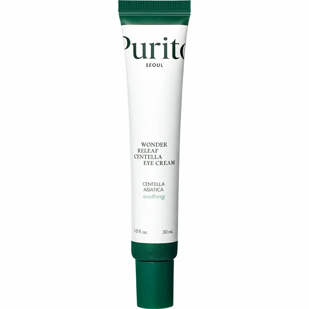 Tubetto bianco con tappo verde. Testo: Wonder Releaf Centella Eye Cream. Marchio PURITO. 30 ml.