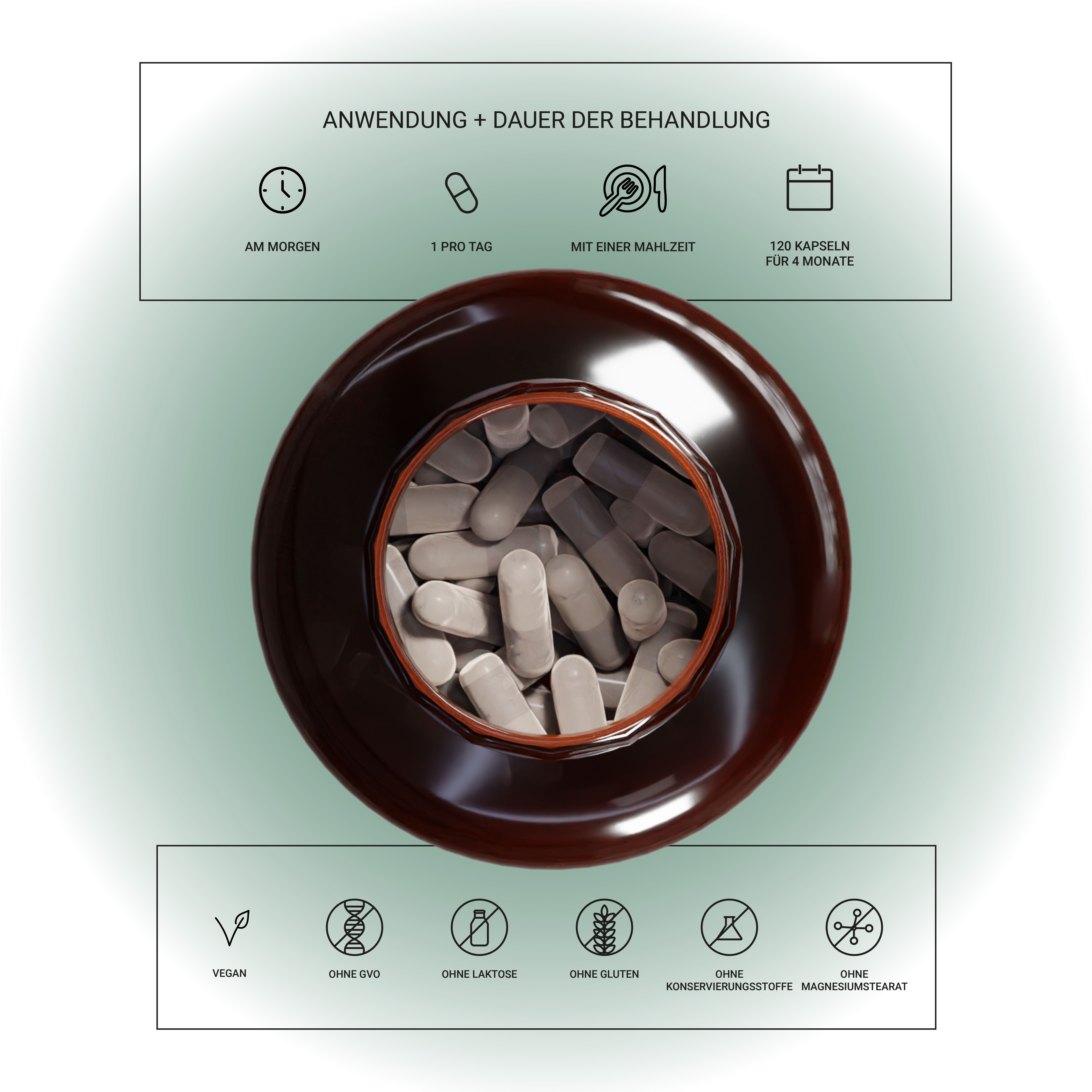 Flacone marrone con capsule. Testo: Uso, 1 al giorno, con pasto, 120 capsule per 4 mesi. Vegano, senza additivi.