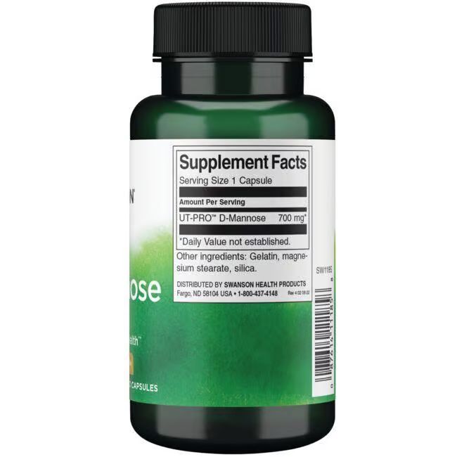 Retro di un flacone verde con tappo nero. Etichetta con informazioni nutrizionali e "UT-PRO D-Mannose 700 mg".