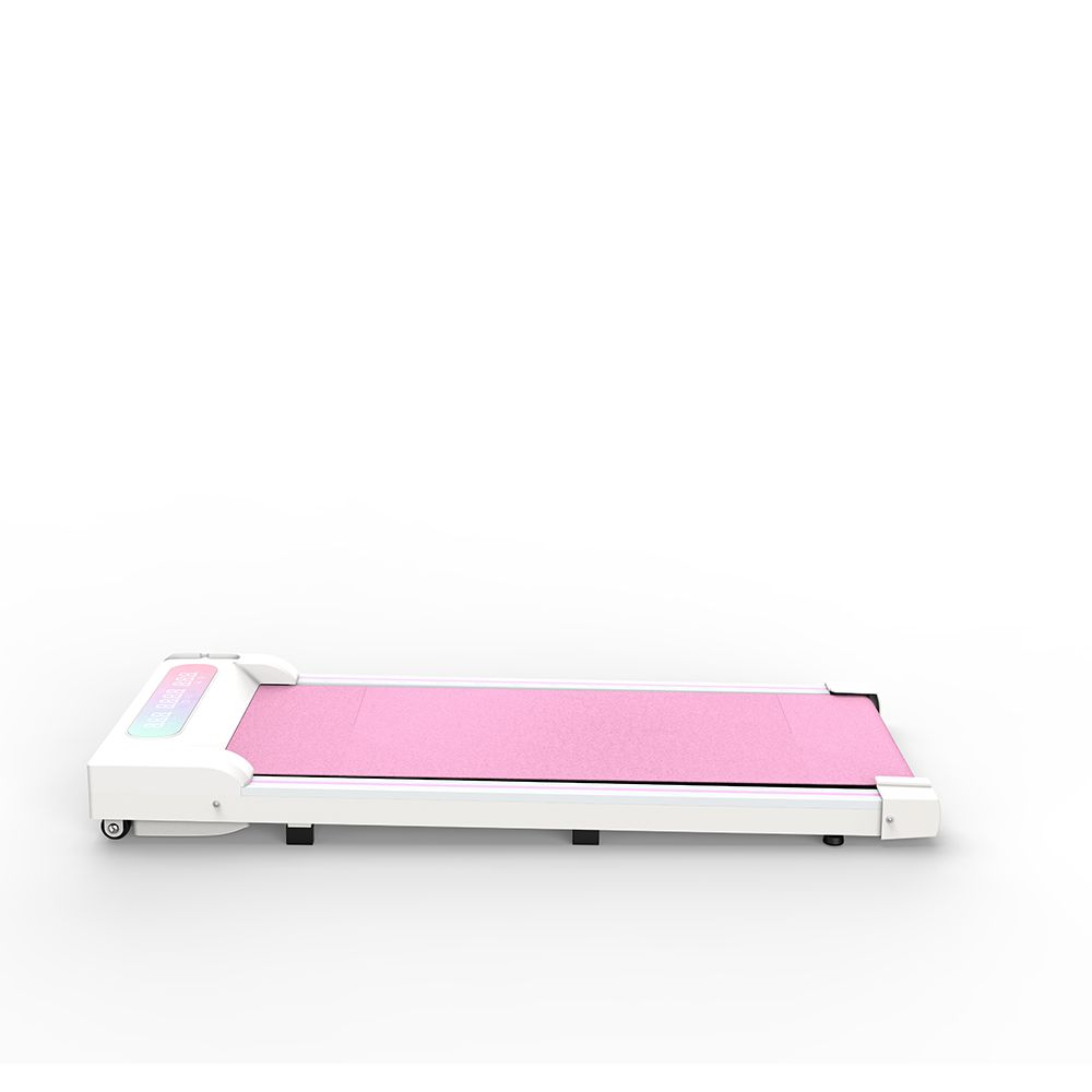 Tapis roulant pieghevole con superficie rosa, telaio bianco e display LED. Design compatto.